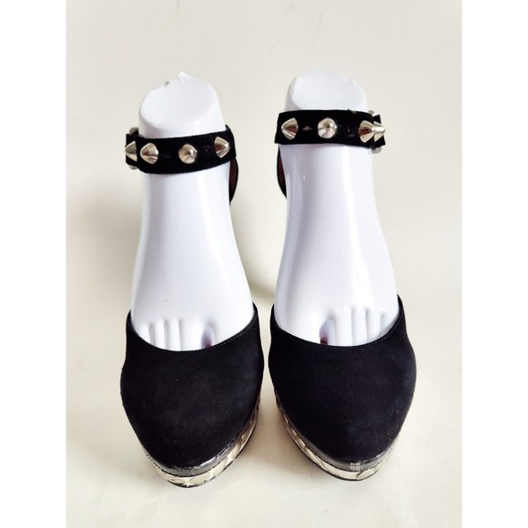 Y2K BCBG Paris Vtg Platform Suede Studded Ankle Strap 5" Block Heel Spikes Black - Picture 5 of 9